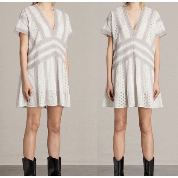 ALL SAINTS Cyndi Tee Mini Tunic Dress Eyelet Lace Boho Women's Size M - Picture 1 of 15